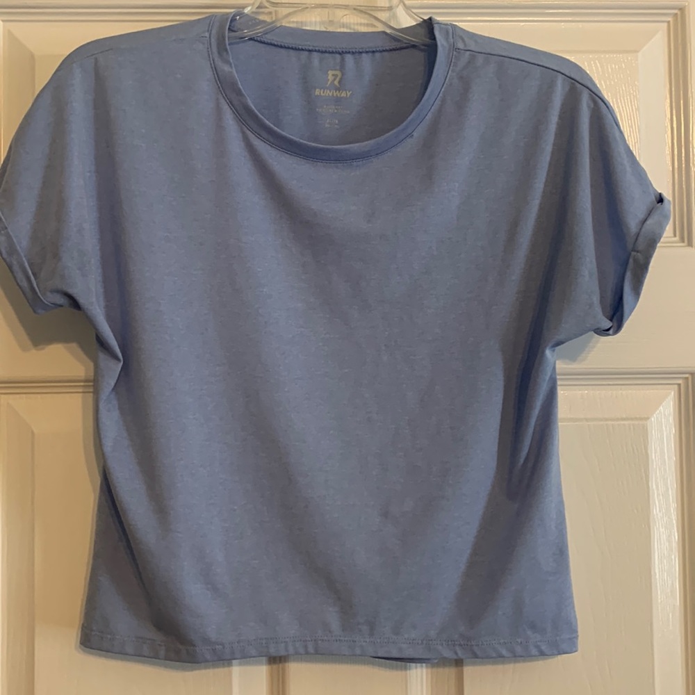 dry fit-moisture wicking, periwinkle color.